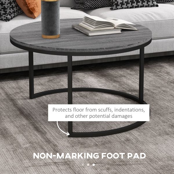 HOMCOM 2 Pcs Stacking Coffee Table Set Steel Frame Wood Effect Top Foot Pads - Image 7