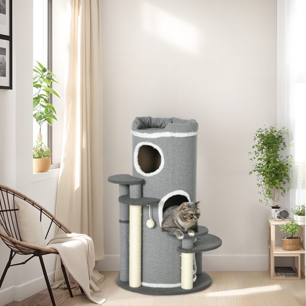 PawHut Barrel Shaped Cat Tree for Indoor Cats with Sisal Scratching Posts, Grey - Image 2