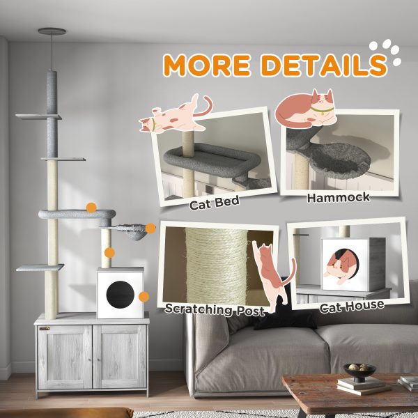 PawHut 2 in 1 Hidden Litter Box with Floor to Ceiling Cat Tree, Indoor, Grey - Image 4