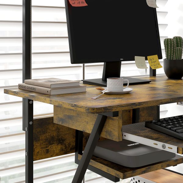 HOMCOM Rolling Computer Desk with Keyboard Tray Storage Shelves Rustic Brown - Image 8