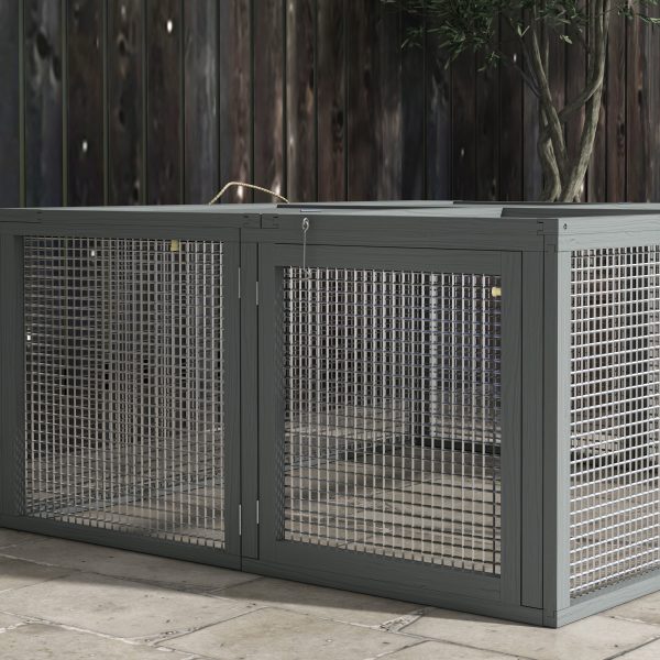 PawHut Wooden Folding Rabbit Run for 2-3 Rabbits, Guinea Pig, Grey - Image 7