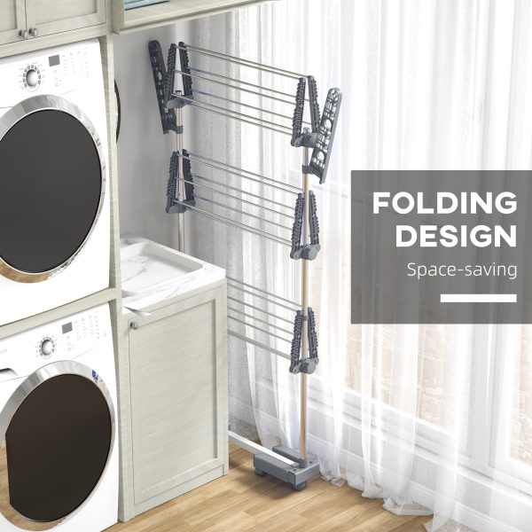 HOMCOM 3-Tier Large Clothes Airer Stainless Steel Clothes Drying Rack Grey - Image 6