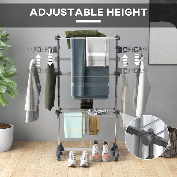 HOMCOM 3-Tier Large Clothes Airer Stainless Steel Clothes Drying Rack Grey - Image 4