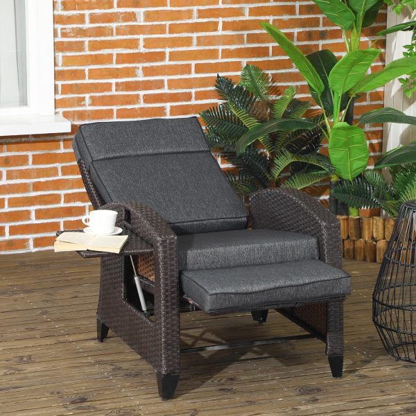 Outsunny Outdoor Recliner Chair with Cushion Rattan Reclining Lounge Chair, Grey - Image 8