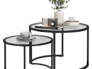 HOMCOM Glass Coffee Table Set of 2, Round Nest of Tables for Living Room