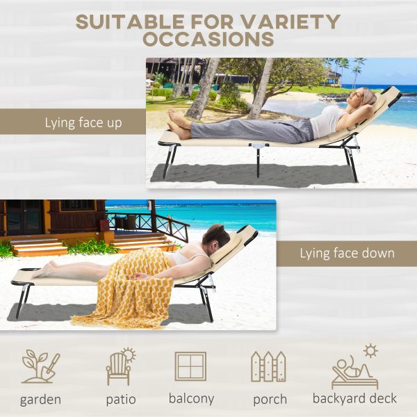 Outsunny Folding Sun Lounger Set of 2 Reclining Chair with Reading Hole Sand - Image 6