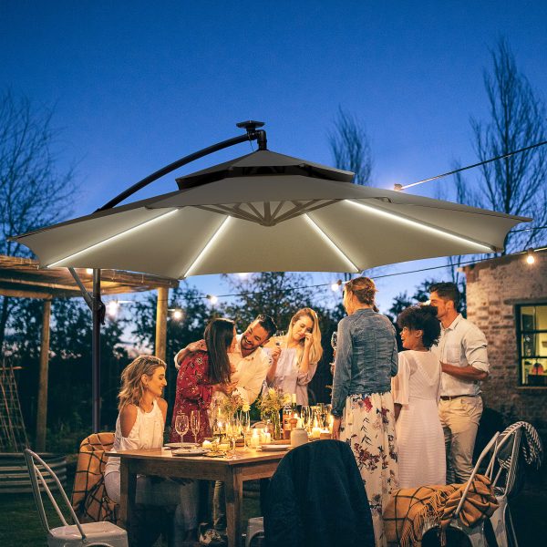 Outsunny 3(m) Cantilever Parasol Hanging Banana Umbrella w/ lights, Light Grey - Image 2