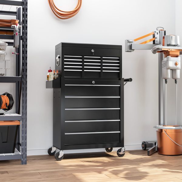 HOMCOM Rolling Tool Chest Lockable Roller Cabinet with with 14 Drawers Black - Image 2