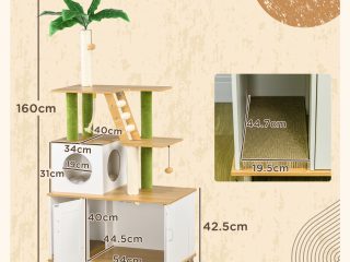 PawHut 2 in 1 Hidden Litter Box with Green Leaf Cat Tree, Indoor, Oak