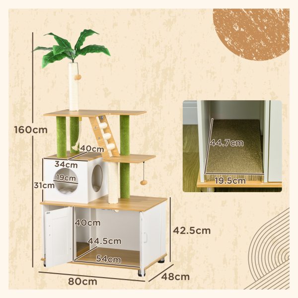 PawHut 2 in 1 Hidden Litter Box with Green Leaf Cat Tree, Indoor, Oak