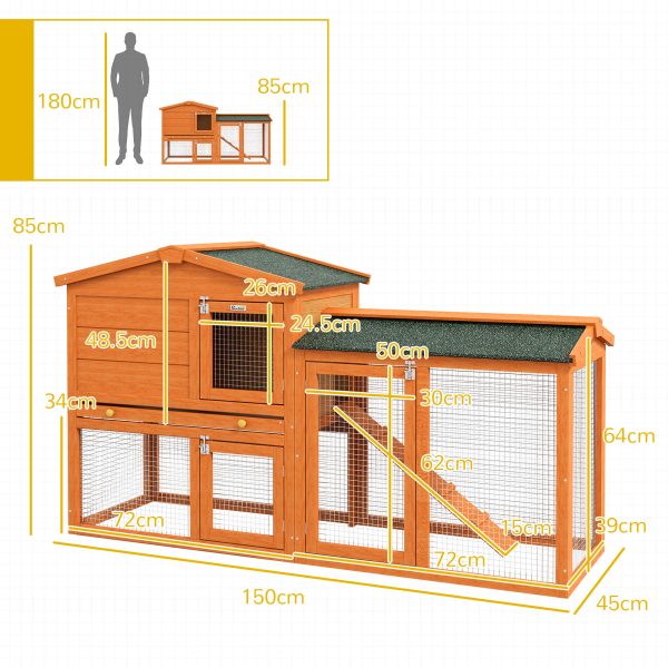 PawHut Wooden Rabbit Hutch with Run, Ramp, Slide-out Tray, Orange