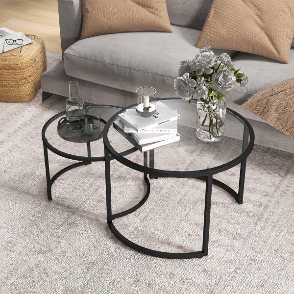HOMCOM Glass Coffee Table Set of 2, Round Nest of Tables for Living Room - Image 7