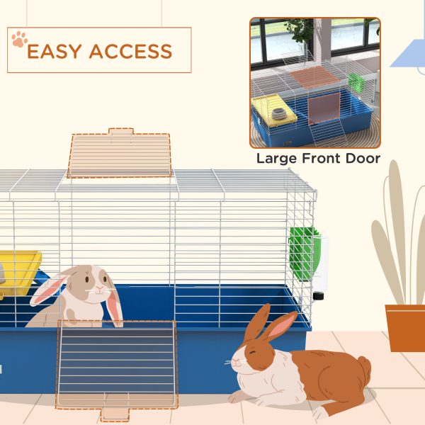 PawHut Small Animal Cage, Rabbit Guinea Pig Hutch, Pet Playhouse, Blue - Image 7