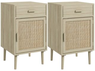 HOMCOM Bedside Tables Set of 2 with Drawer Cabinet Adjustable Shelf Natural