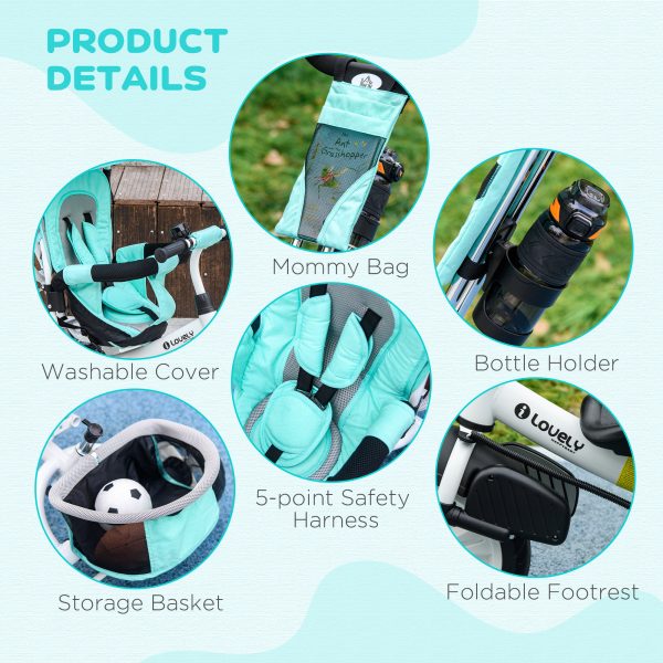 HOMCOM 6 in 1 Kids Trike, Stroller with Parent Handle, Green - Image 6