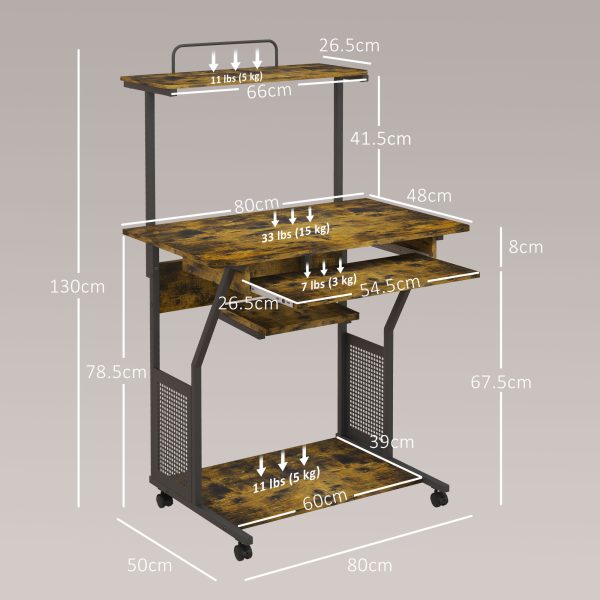 HOMCOM Rolling Computer Desk with Keyboard Tray Storage Shelves Rustic Brown - Image 4