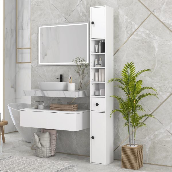 Kleankin Slim Bathroom Cabinet, Toilet Roll Storage w/ Open Shelves, White - Image 2