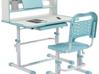 ZONEKIZ Height Adjustable Kids Desk and Chair Set, with Drawer, Bookshelf, Blue