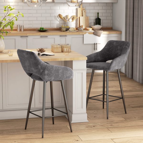HOMCOM Bar Stools Set of 2, Velvet-Touch Fabric Counter Height Bar Chairs Grey - Image 8
