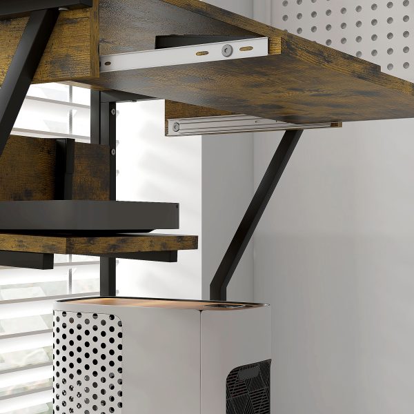 HOMCOM Rolling Computer Desk with Keyboard Tray Storage Shelves Rustic Brown - Image 6