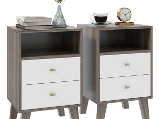 HOMCOM Bedside Tables Set of 2, Modern Nightstand with 2 Drawers and Open Cubby