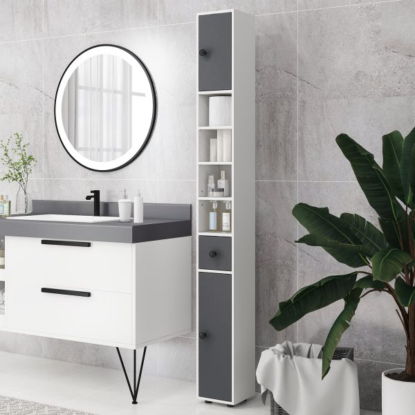 kleankin Slim Bathroom Cabinet, Toilet Roll Storage w/ Open Shelves, Grey - Image 7