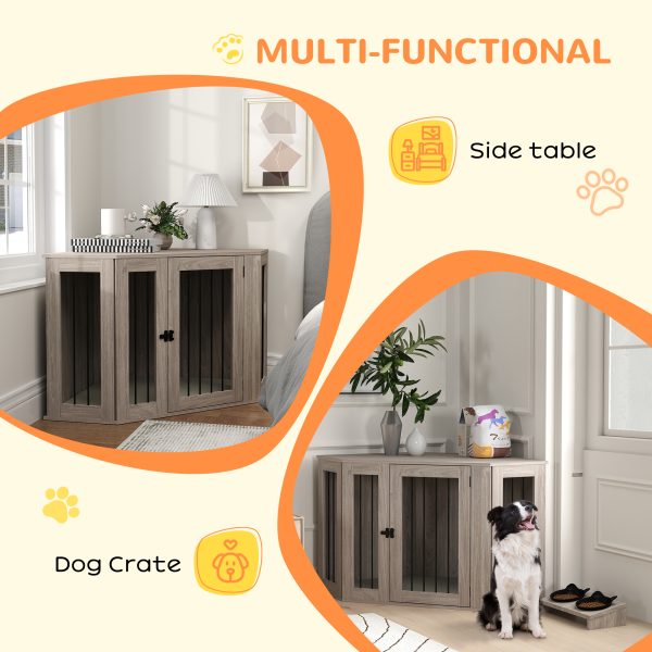 PawHut Dog Crate Furniture for Large Dogs w/ Cushion, Door - Walnut Brown - Image 3