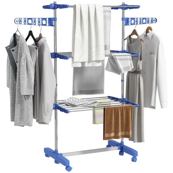 HOMCOM 3-Tier Large Clothes Airer Stainless Steel Clothes Drying Rack Blue