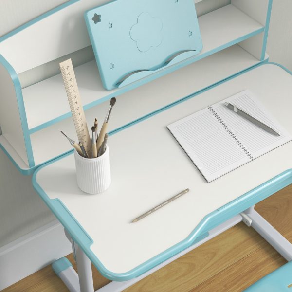 ZONEKIZ Height Adjustable Kids Desk and Chair Set, with Drawer, Bookshelf, Blue - Image 8