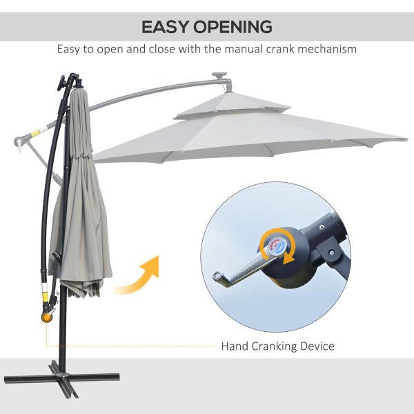 Outsunny 3(m) Cantilever Parasol Hanging Banana Umbrella w/ lights, Light Grey - Image 4