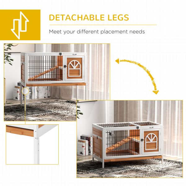 PawHut Wooden Rabbit Hutch, Elevated Guinea Pig Cage w/ Openable Roof, Yellow - Image 3