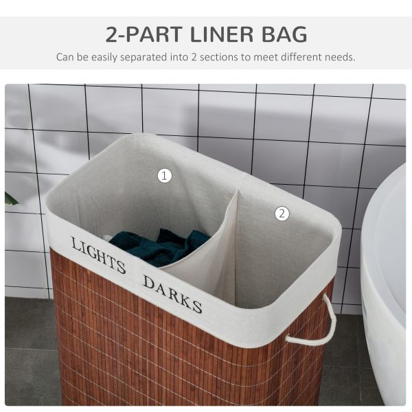 HOMCOM 2 Section Collapsible Laundry Hamper Lid Removable Lining, Brown - Image 5