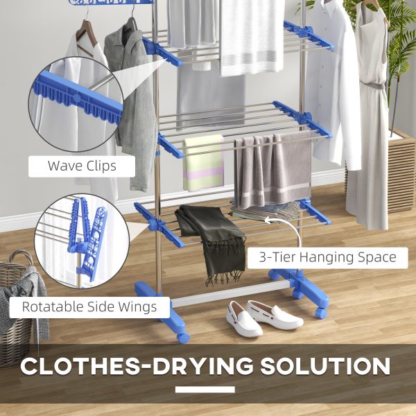 HOMCOM 3-Tier Large Clothes Airer Stainless Steel Clothes Drying Rack Blue - Image 5