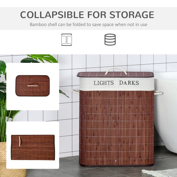 HOMCOM 2 Section Collapsible Laundry Hamper Lid Removable Lining, Brown - Image 8