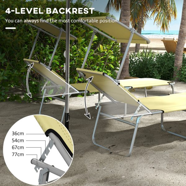 Outsunny Folding Sun Lounger Set of 2 with Sunshade Adjustable Backrest Beige - Image 3