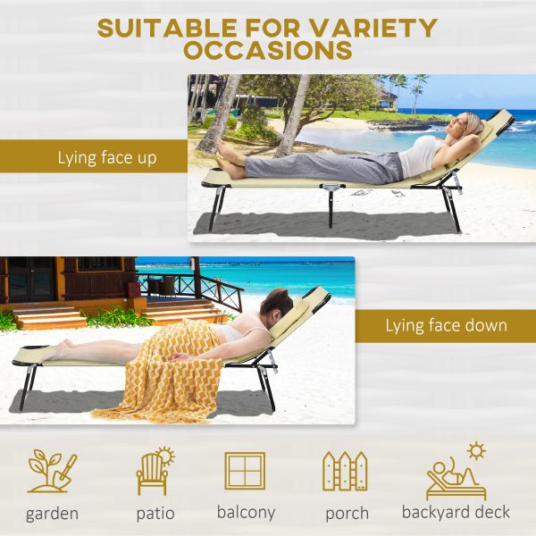 Outsunny Folding Sun Lounger Set of 2 Reclining Chair with Reading Hole Beige - Image 6