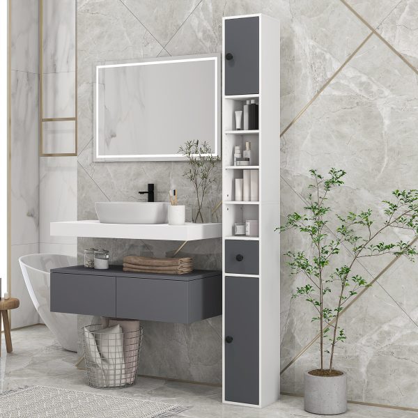 kleankin Slim Bathroom Cabinet, Toilet Roll Storage w/ Open Shelves, Grey - Image 2