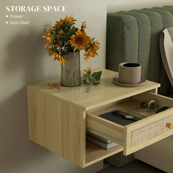 Floating Nightstands Set of 2 with Rattan Drawer and Storage Shelf for Bedroom - Image 5