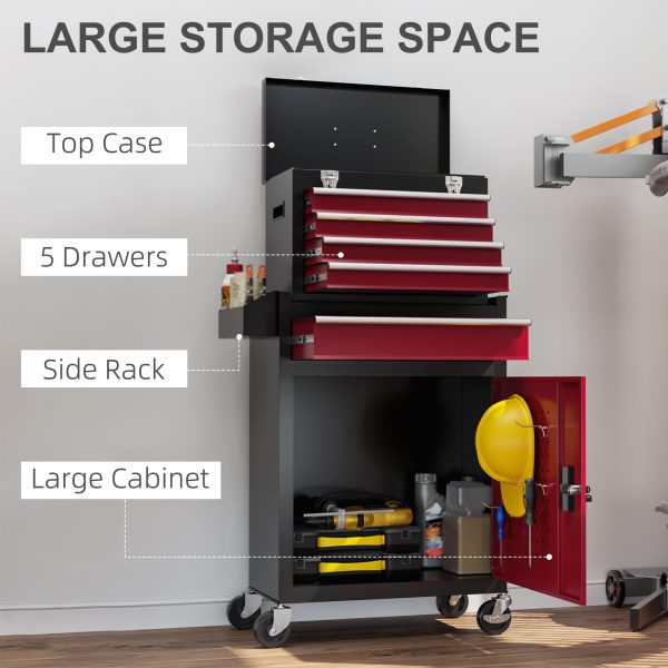 HOMCOM Tool Cabinet on Wheels with 5 Drawers Top Tool Chest Roller Cabinet Combo - Image 4
