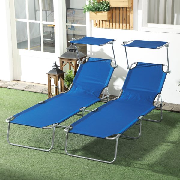 Outsunny Folding Sun Lounger Set of 2 with Sunshade Adjustable Backrest Blue - Image 2