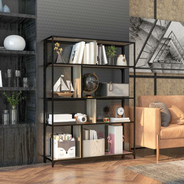 HOMCOM Industrial 5 Tier Book Shelf with Sliding Mesh Doors, for Living Room - Image 2