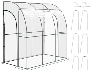 Outsunny 214x118x212cm Walk-In Lean to Wall Tunnel Plastic Greenhouse with Doors