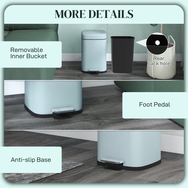 HOMCOM 12L Kitchen Pedal Bin, Metal Rubbish Bin with Soft-close Lid, Light Green - Image 7