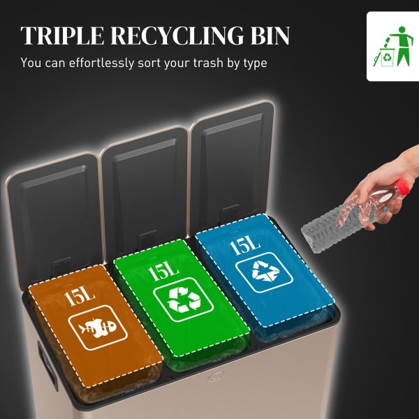 HOMCOM 3 x 15L Triple Kitchen Bin Pedal Bin for Recycling and Waste, Gold Tone - Image 3