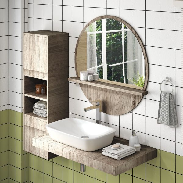 kleankin Round Mirror for Wall Makeup Mirror with Shelf Grey Wood Effect - Image 7
