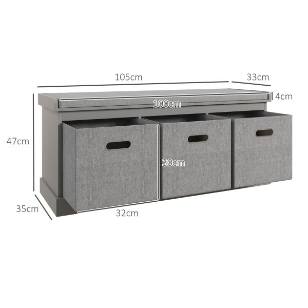 HOMCOM Shoe Bench with Cushioned Seat, 3 Fabric Drawers for Entryway Hallway - Image 4