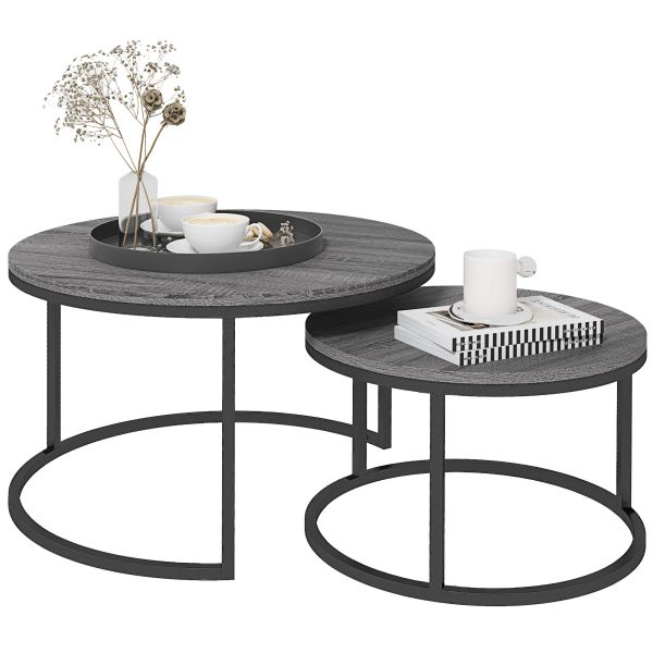 HOMCOM 2 Pcs Stacking Coffee Table Set Steel Frame Wood Effect Top Foot Pads