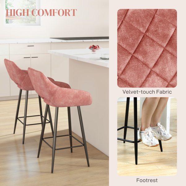 HOMCOM Bar Stools Set of 2, Velvet-Touch Fabric Counter Height Bar Chairs Pink - Image 5