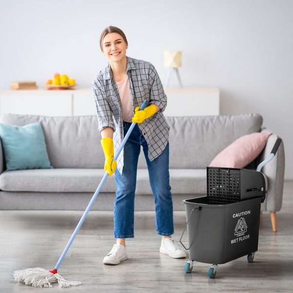 HOMCOM 20L Mop Bucket with Wringer Handle on Wheels for Floor Cleaning Black - Image 2