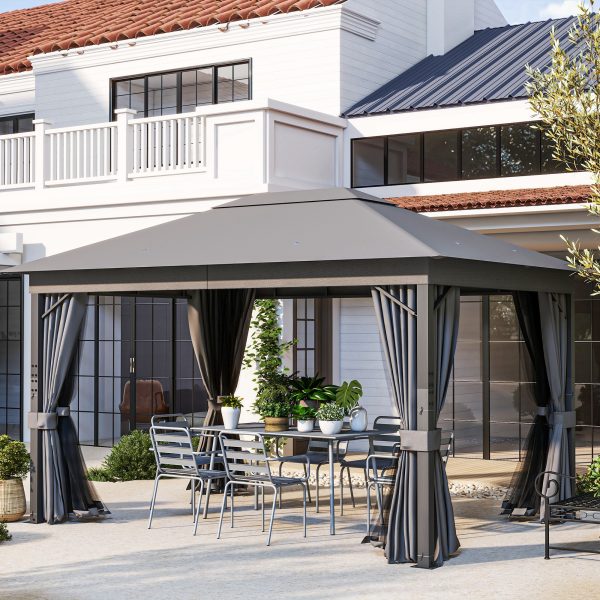 Outsunny 4 x 3(m) Patio Gazebo Garden Shelter w/ Curtains and Netting, Grey - Image 7